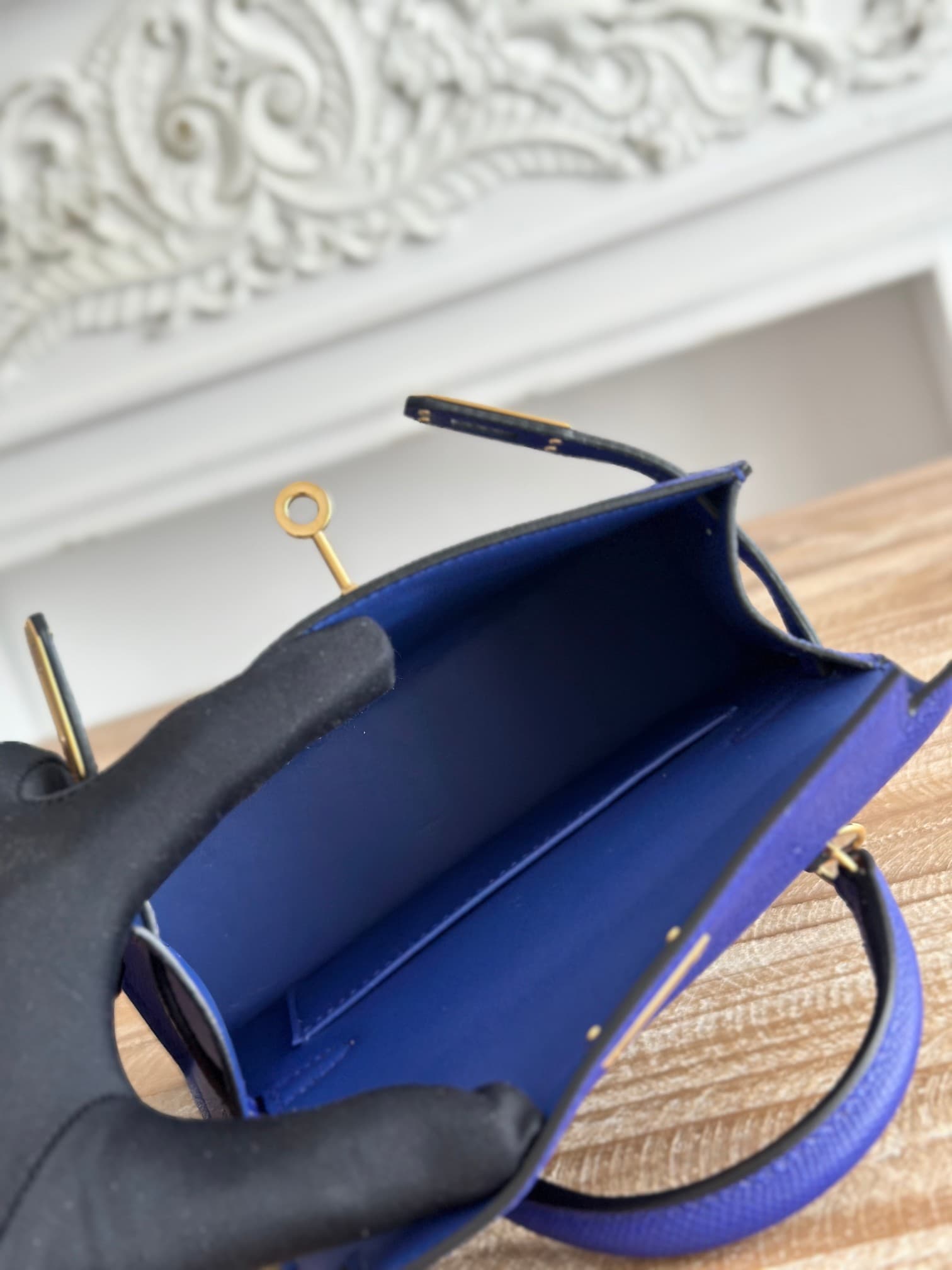 Hermes Kelly Mini II Bag Epsom Leather WAX Silver/Gold Metal Bleu Electric High