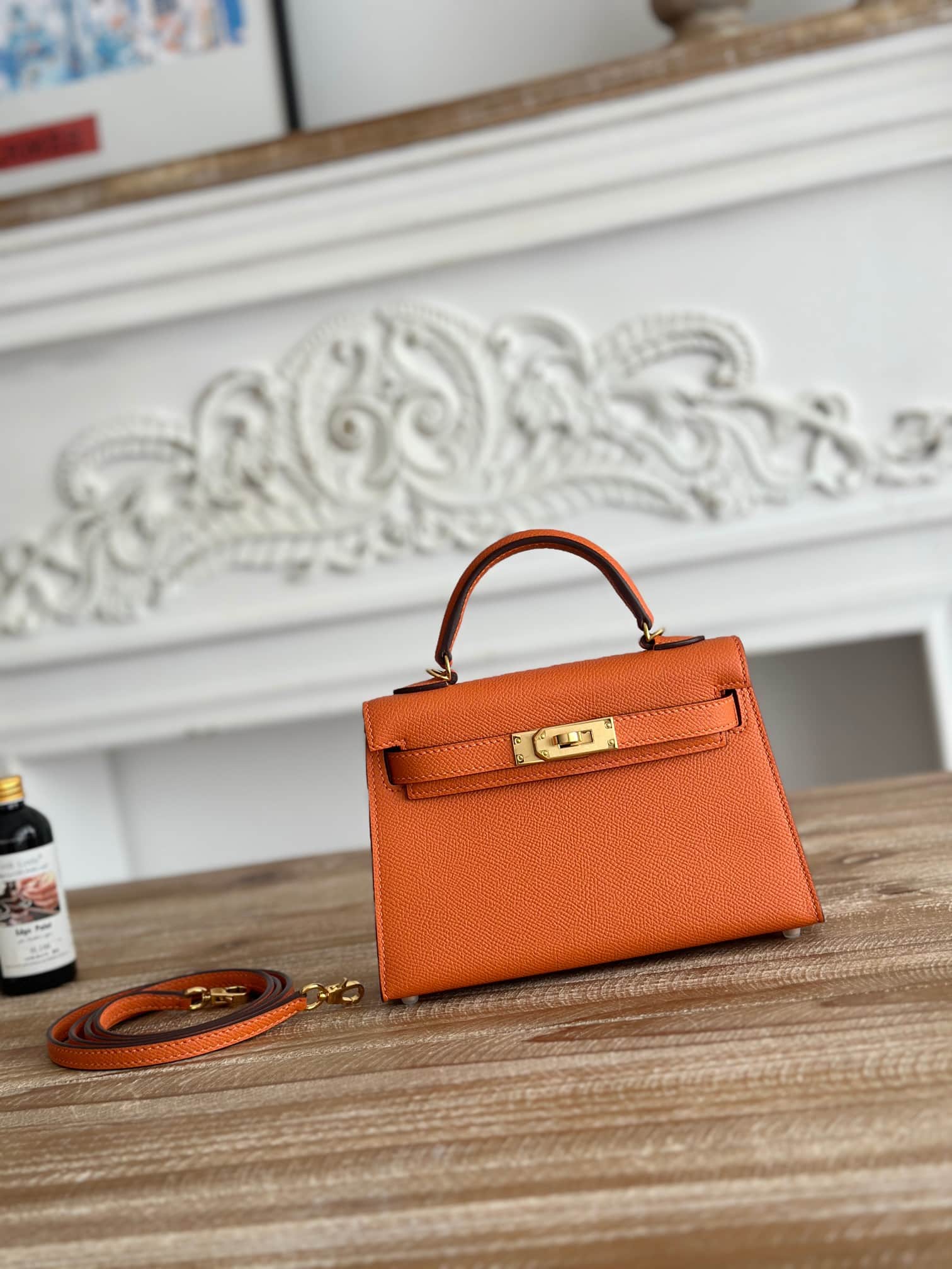 Hermes Kelly Mini II Bag Epsom Leather WAX Silver/Gold Metal Orange High
