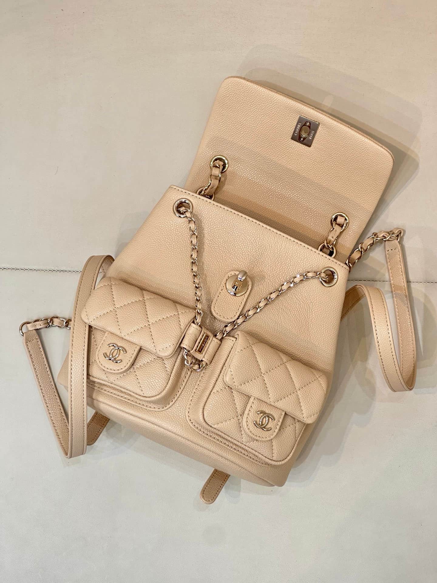 Chanel BACKPACK AS3860 Grained Shiny Calfskin & Gold-Tone Metal Beige TOP