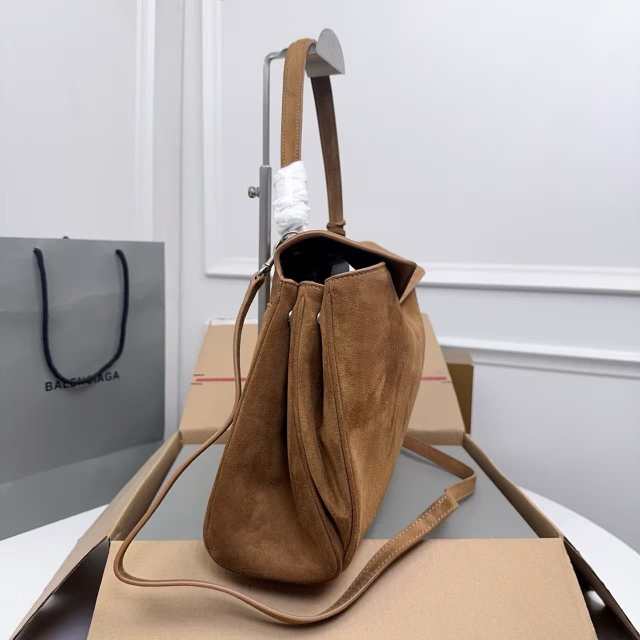 Balenciaga Rodeo Medium Bag in Camel Waxed Suede Calfskin With Silver-Tone Metal High