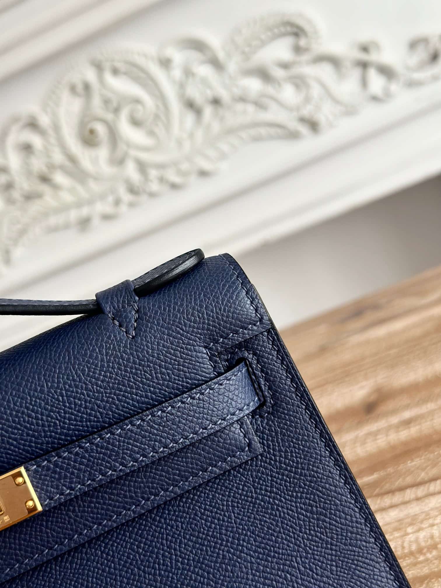 Hermes Kelly Pochette Bag Epsom Leather Silver/Gold Metal Bleu Saphir WAX High