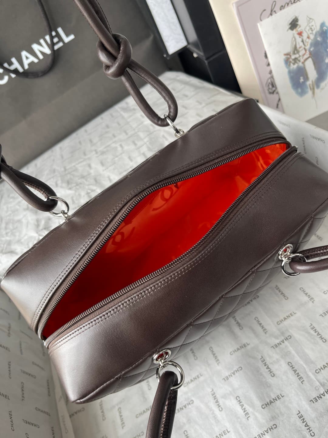 Chanel Cambon Ligne Bowler bag Calfskin & Silver-Tone Metal AS25171 Dark Brown High