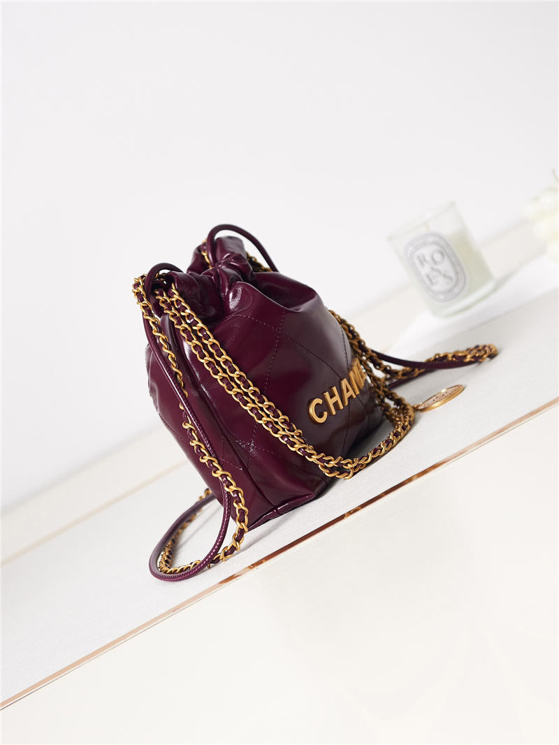 Chanel 22 MINI HANDBAG Shiny Calfskin Burgundy & Gold-Tone Metal AS3980 A