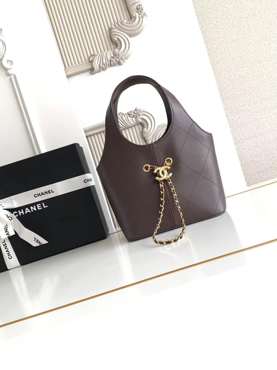 Chanel Small Shopping Bag Dark Brown Leather & Gold-Tone Metal AS6132 A