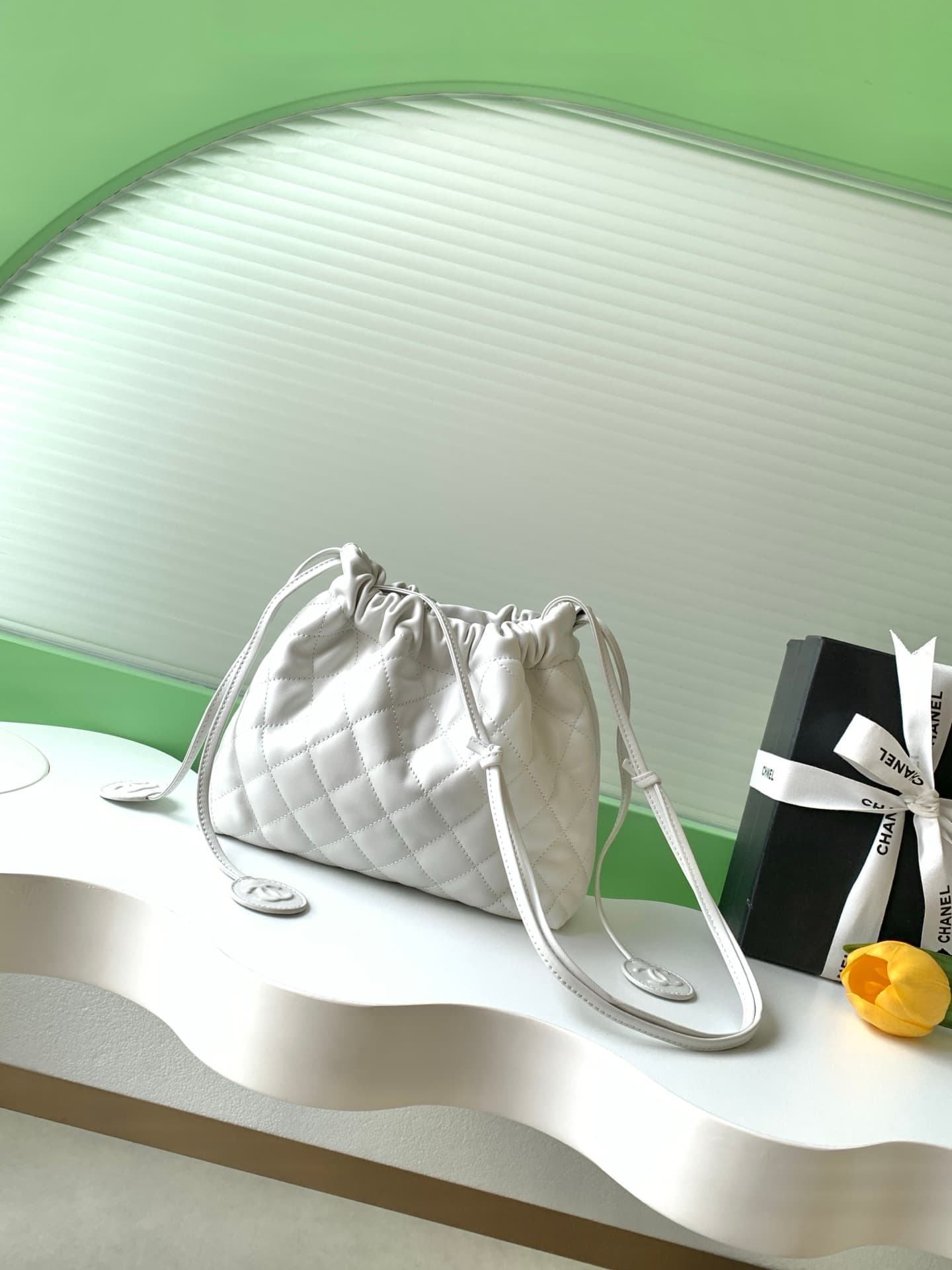 Chanel Clutch with Leather Strap Quilted Leather & Gold-tone Metal AP5227 White A