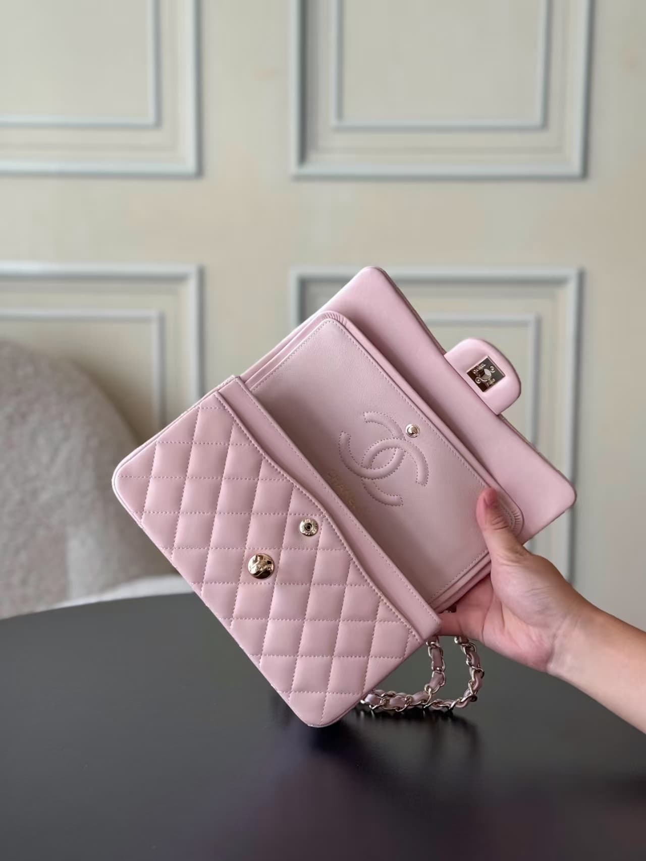 Chanel Small CLASSIC HANDBAG Lambskin Gold-Tone Metal Pink 1117 TOP