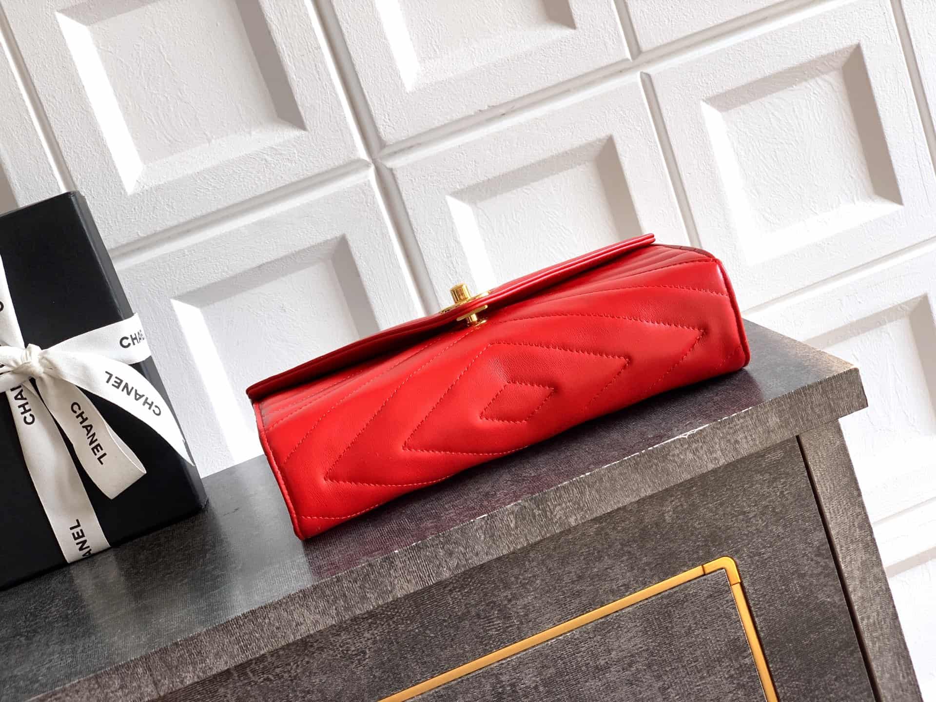 Chanel Flap Bag with Top Handle Chevron Lambskin& Gold-Tone Metal Red AS6044 A