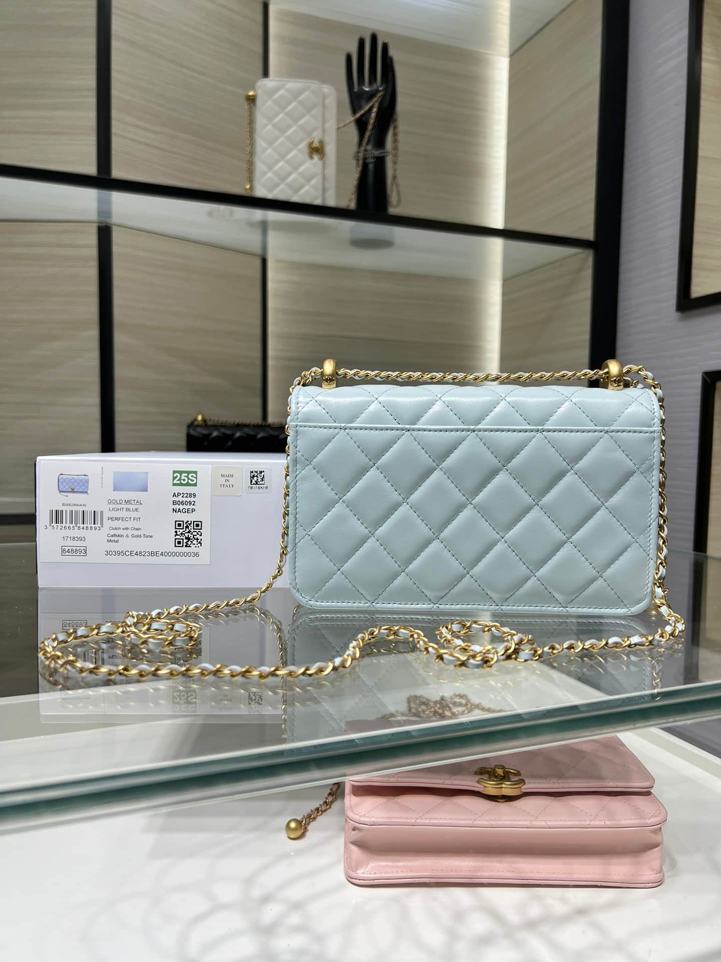 Chanel Wallet on Chain Shiny Calfskin & Gold-Tone Metal Light Blue AP2289 High