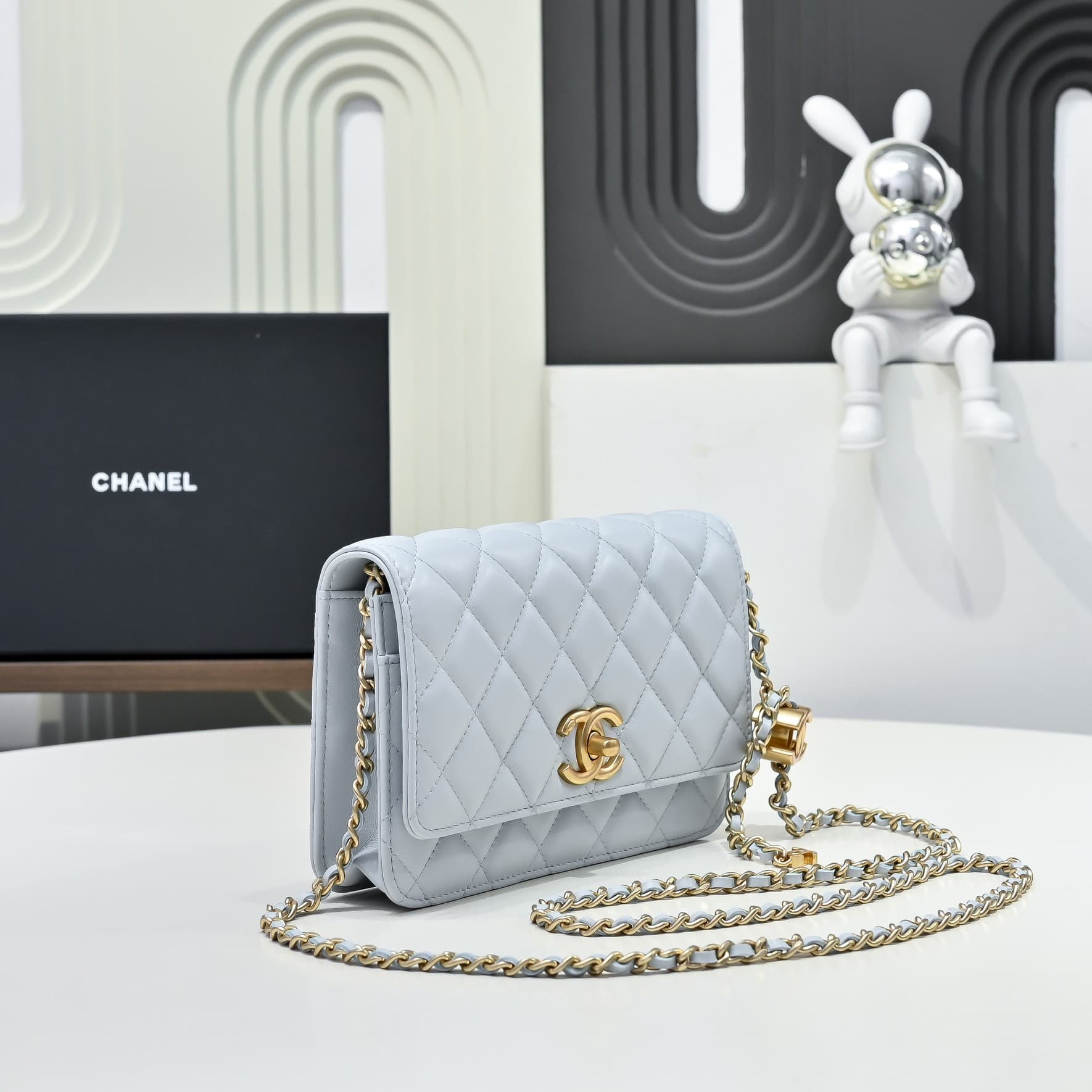 Chanel Wallet on Chain Quilted Leather  & Gold-Tone Metal Light Blue AP3938 High