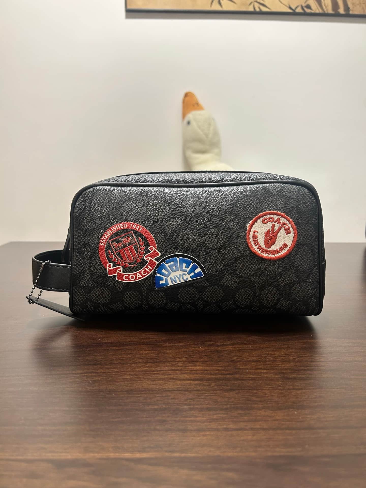Coach Small Travel Kit in Charcoal Signature Canvas with Decorative Travel Patches High