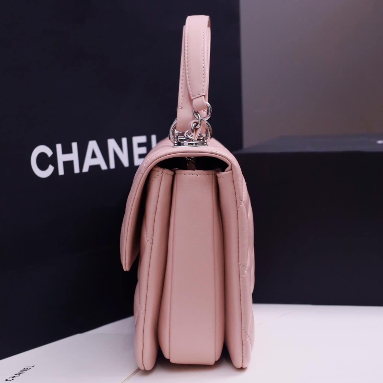 SMALL FLAP BAG WITH TOP HANDLE Lambskin Silver Metal Pink A