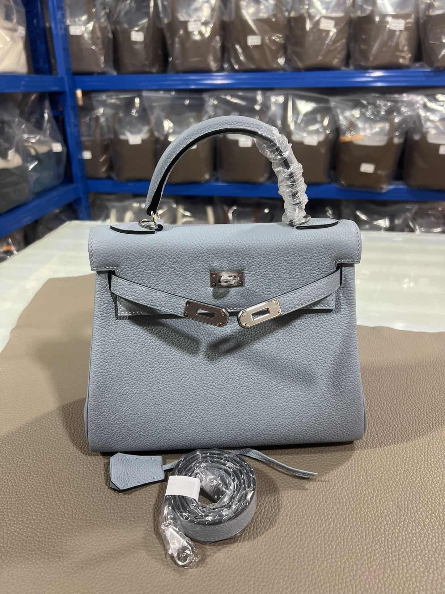 Hermes Kelly 25/28/32cm Retourne Bag Togo Leather In Grey-Blue WAX High