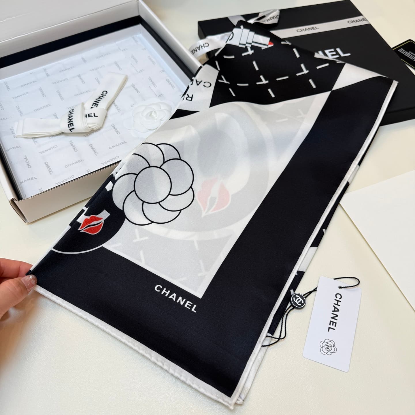Chanel Silk CC Logo Camellia Scarf