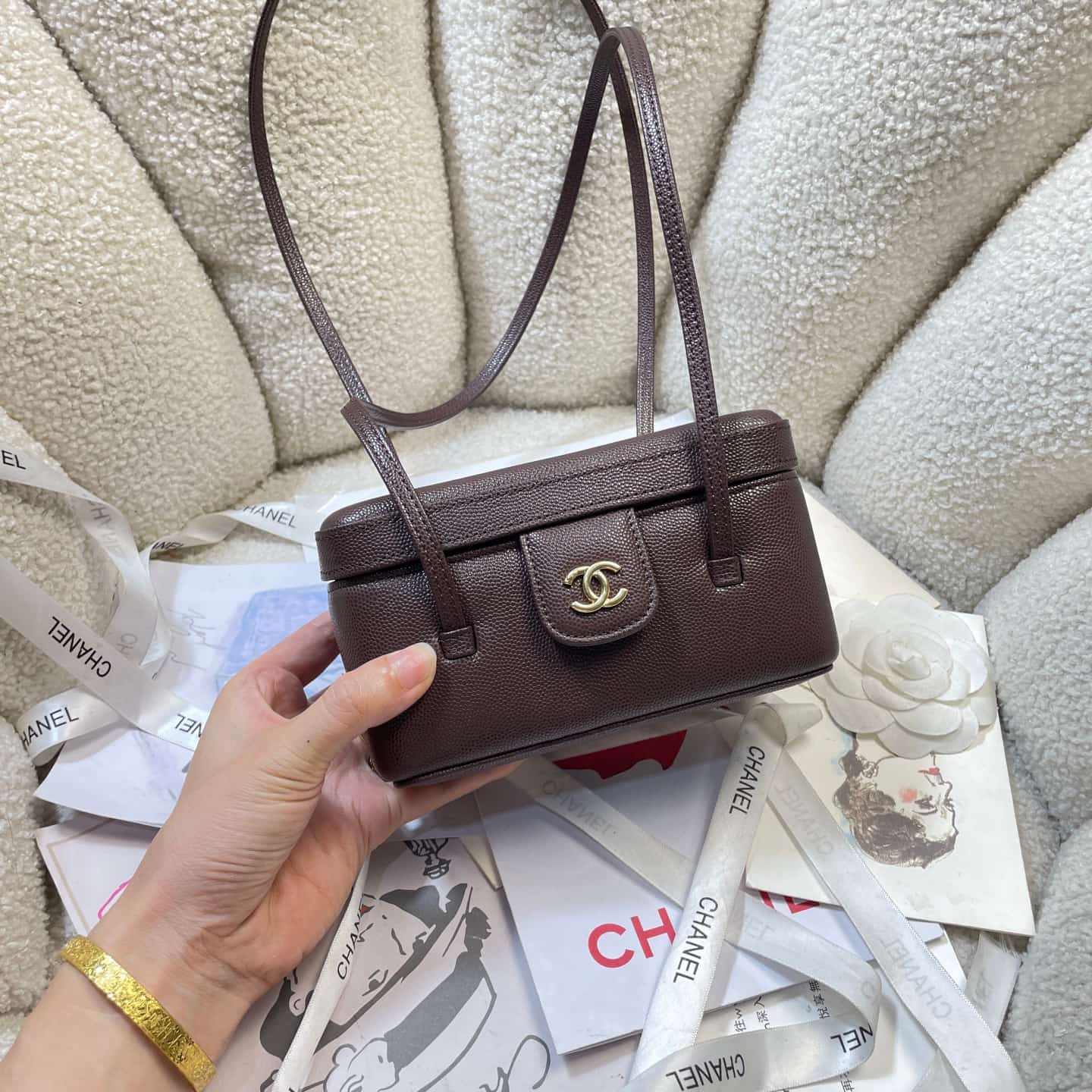 Chanel Long Vanity with Leather Strap Grained Shiny Calfskin & Gold-Tone Metal Dark Blwon AP5067 A