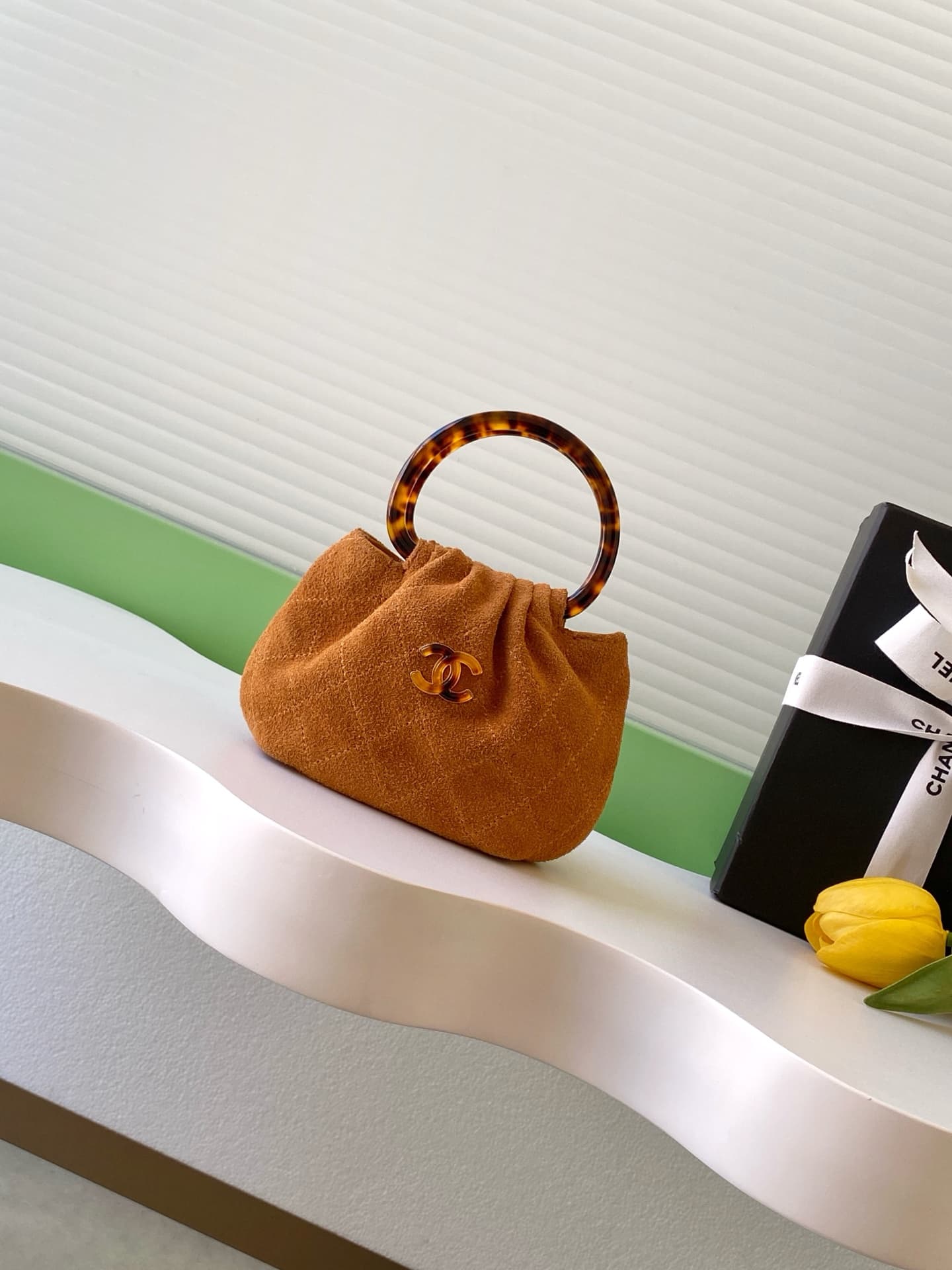 Chanel Mini Hobo Bag Suede Calfskin Turtoise-Shell Effect Plexi & Gold-Tone Metal Camel AS4981 High