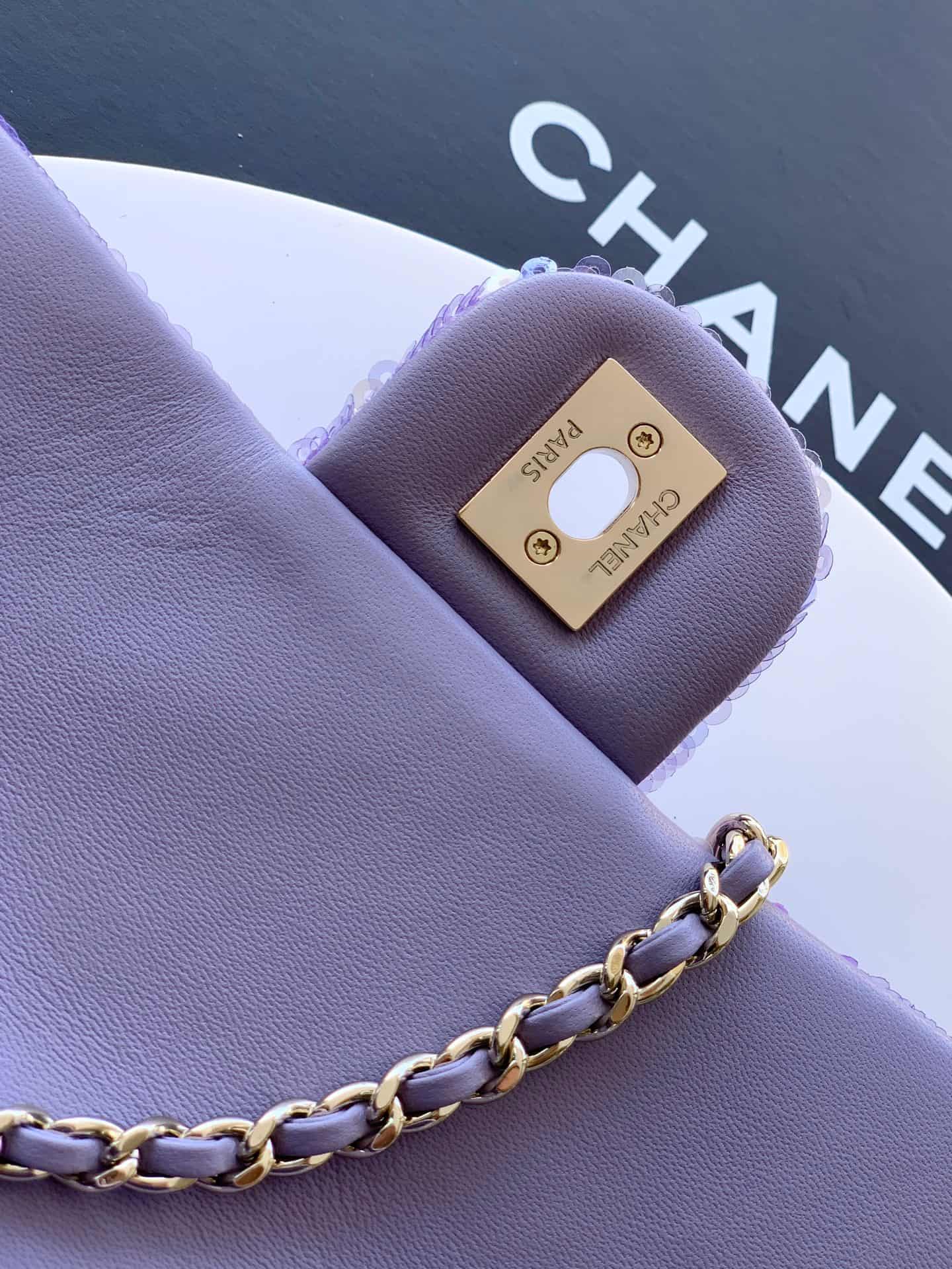 Chanel Classic Mini Flap Bag Sequin Embroidery & Gold-Tone Metal Purple 6171 A