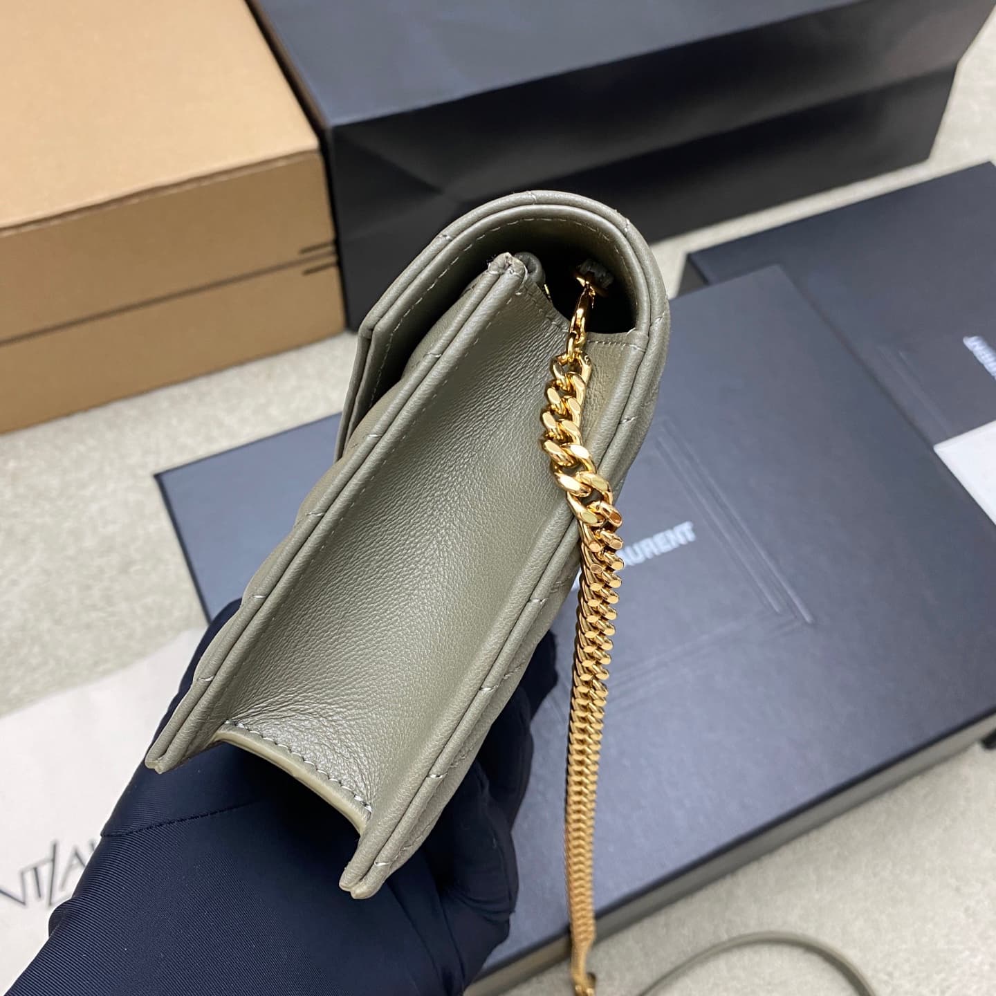 Saint Laurent Monogram Matelassé Cassandre Wallet on Chain Moss Green Lambskin 393953 High