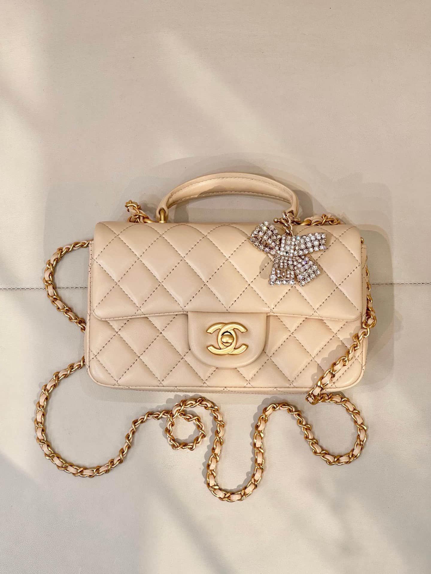 Chanel Mini Classic Handbag Lambskin Strass & Gold-Tone Metal AS2431 beige TOP