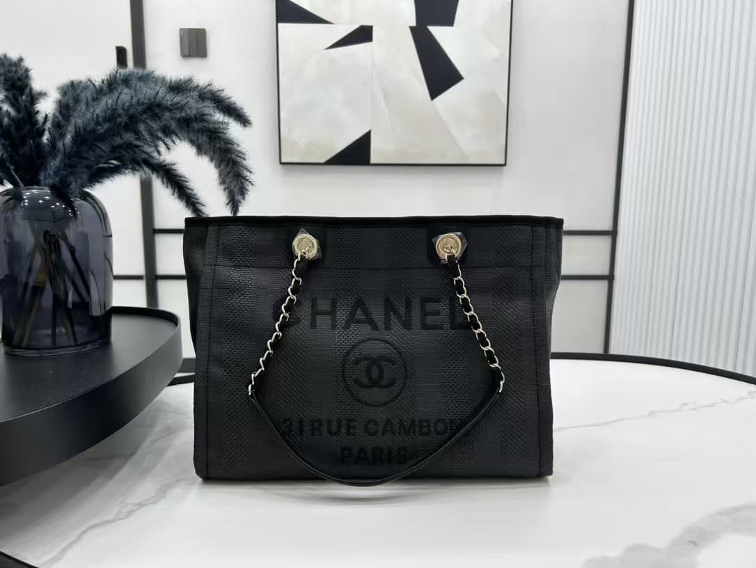 SHOPPING BAG Mixed Fibers & Gold-Tone Metal Black High