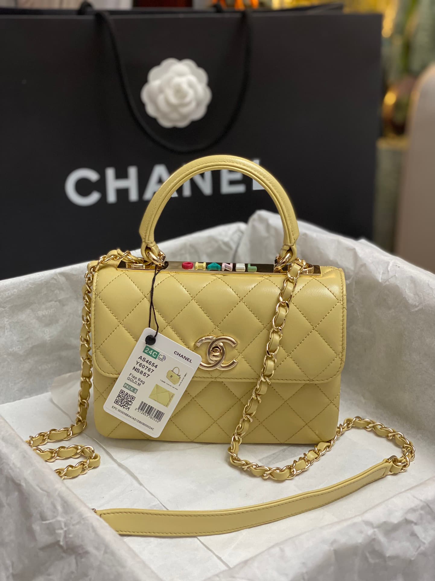 Chanel MINI FLAP BAG WITH TOP HANDLE AS4654 Lambskin &Gold-Tone Metal Yellow A