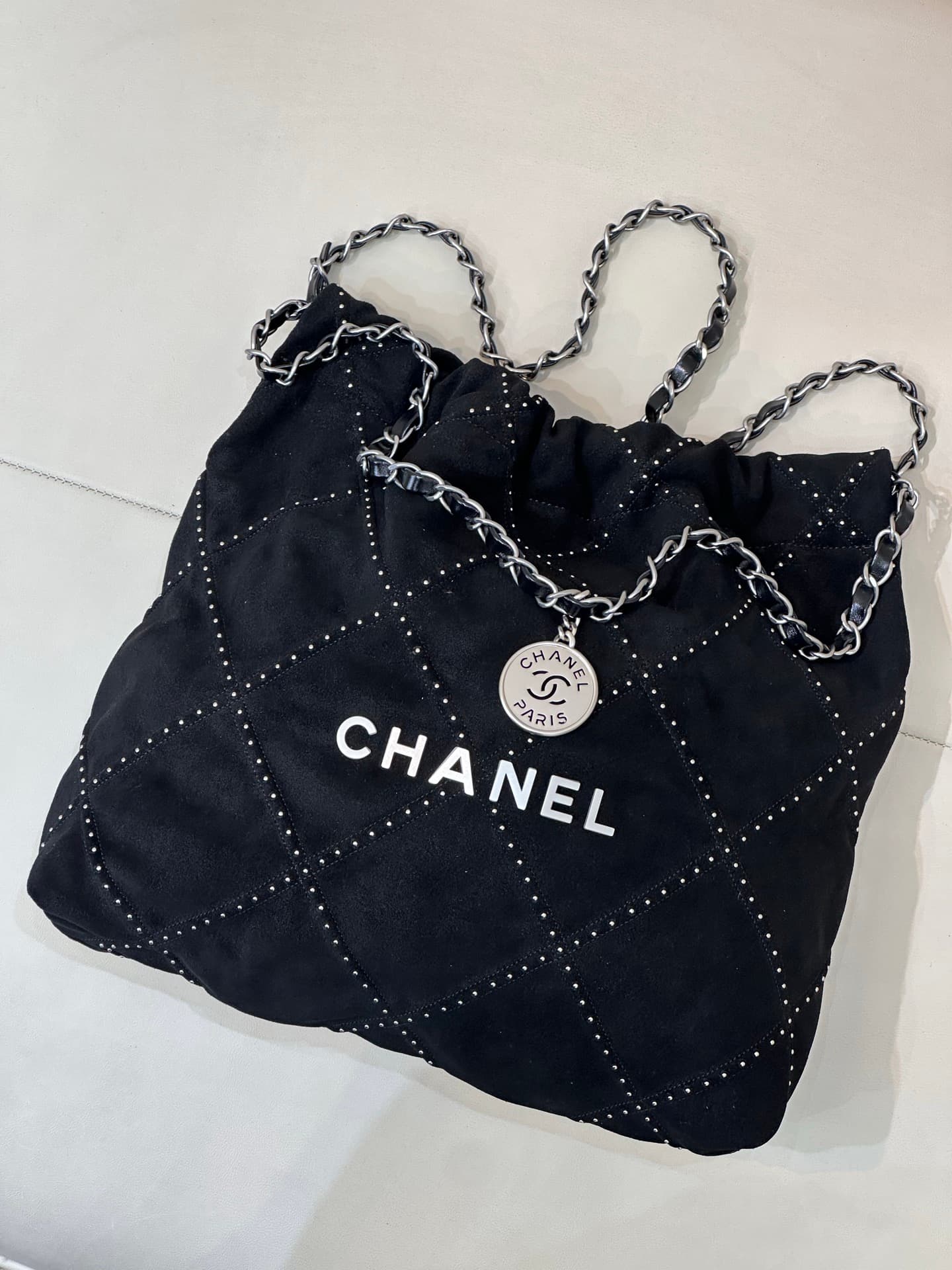 Chanel 22 Small handbag Suede calfskin studs & silver-tone metal AS3260 Black TOP