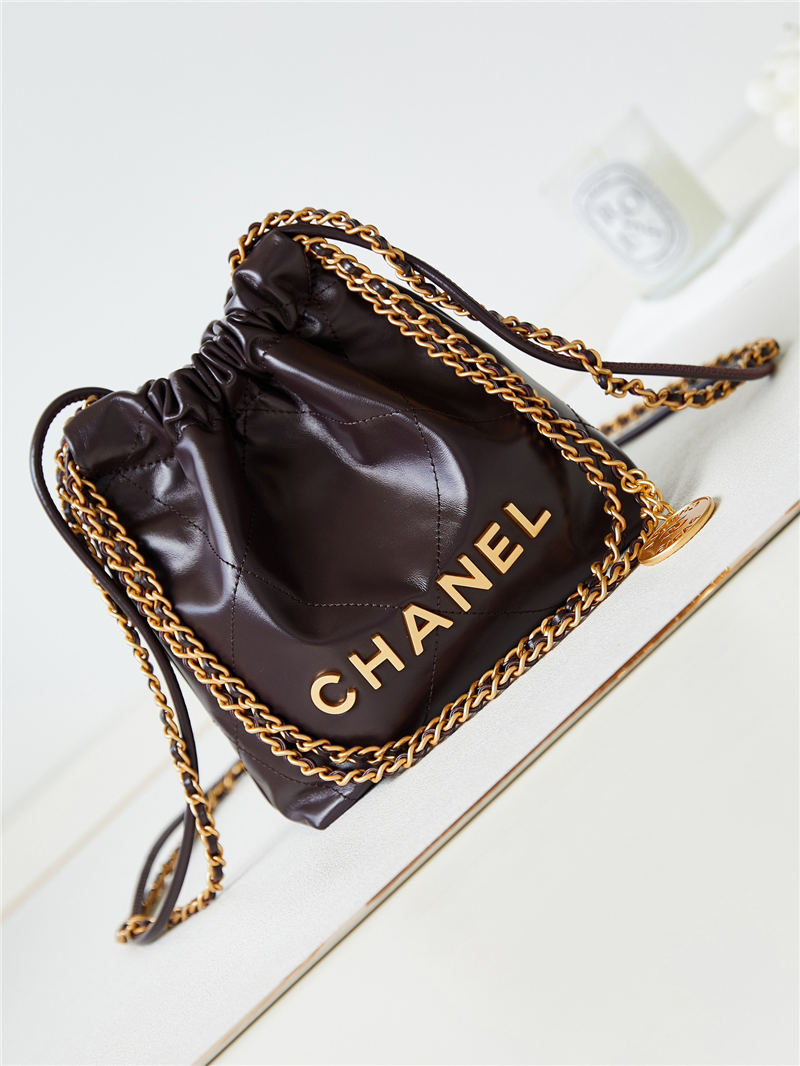 Chanel 22 MINI HANDBAG Shiny Calfskin Coffee & Gold-Tone Metal AS3980 A