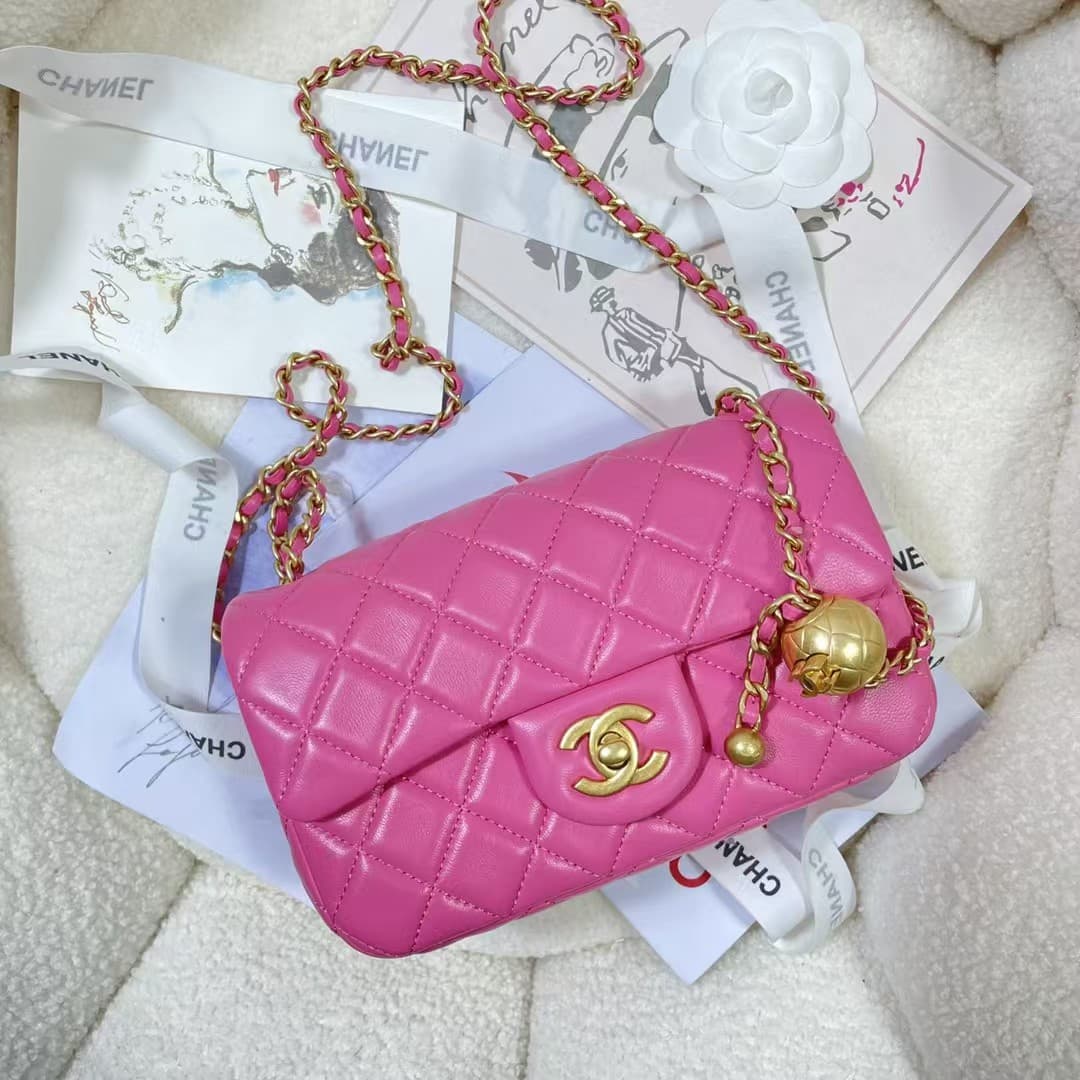 Mini FLAP BAG Lambskin Gold-Metal AS1787 Rose Red A
