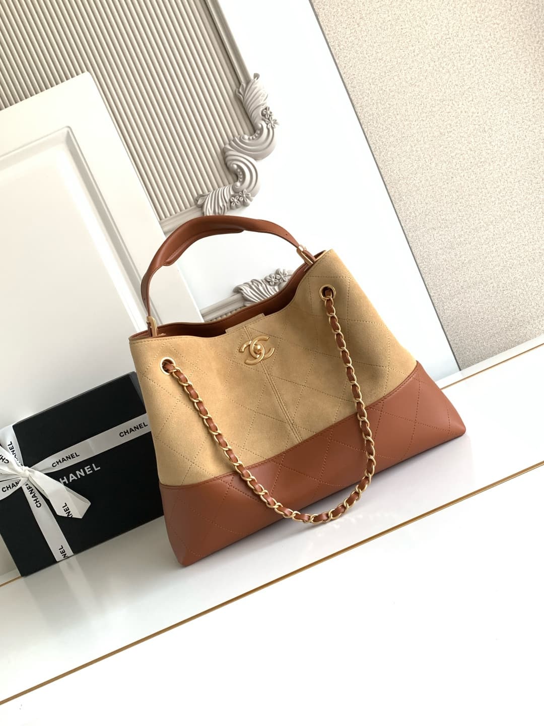 Chanel Small Shopping Bag Suede Calfskin Shiny Lambskin & Gold-Tone Metal AS5634 A