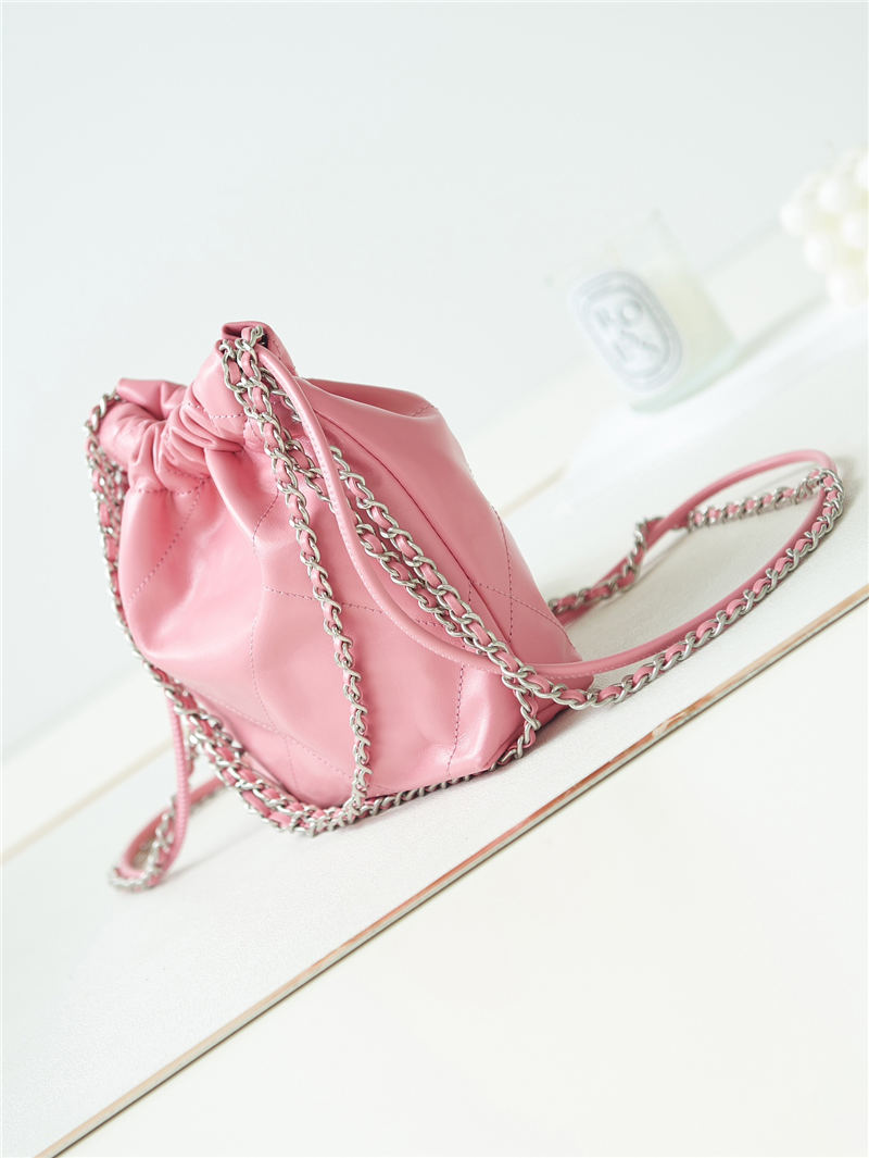Chanel 22 MINI HANDBAG Shiny Calfskin Pink-Peach & Silver-Tone Metal AS3980 A