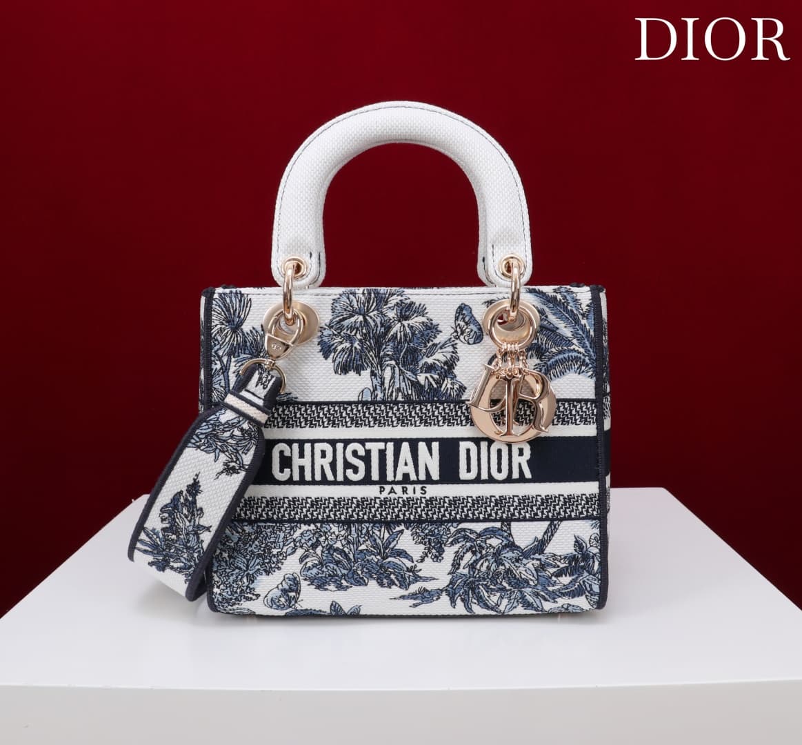 Medium Lady D-Lite Bag White and Navy Toile de Jouy Palms Embroidery High