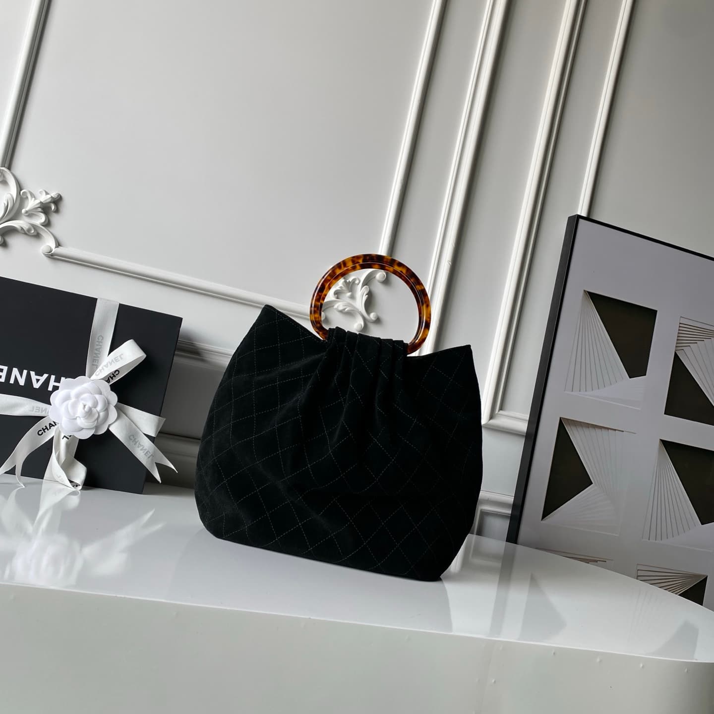 Chanel Medium Hobo Bag Suede Calfskin Turtoise-Shell Effect Plexi & Gold-Tone Metal Black AS6010 High