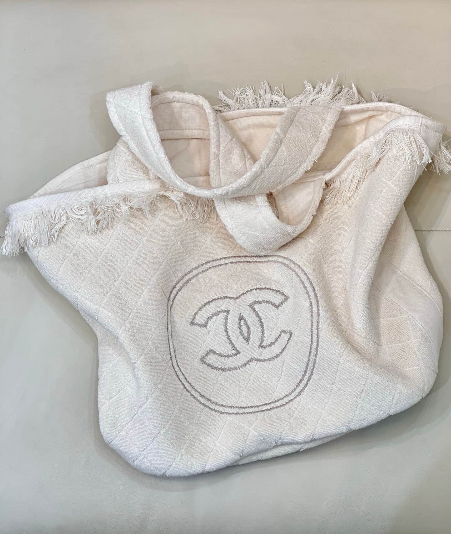 Chanel Beach Hobo Handbag Quilted White Terry Cloth TOP