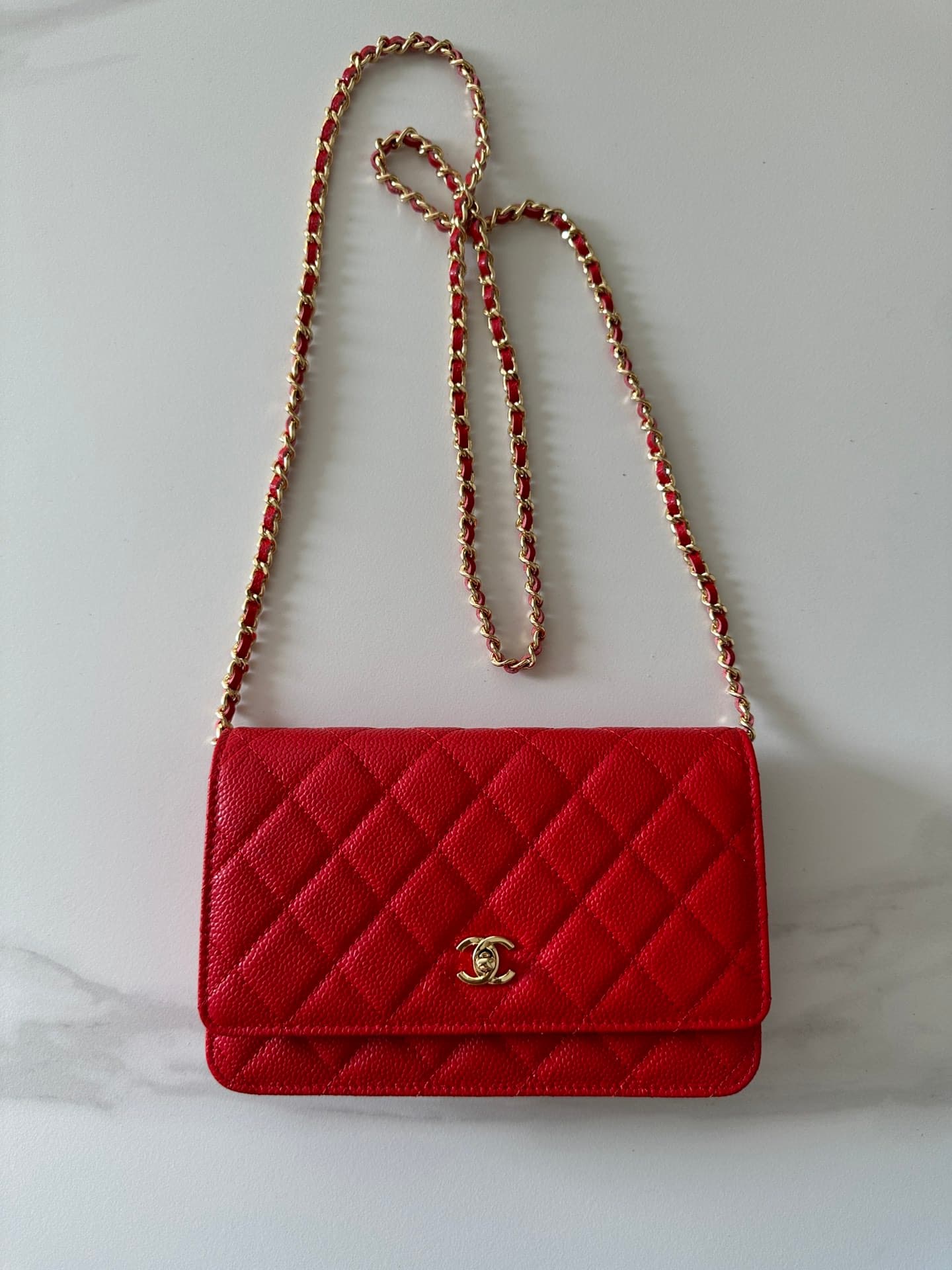 Chanel Classic Wallet on Chain Grained Shiny Calfskin & Gold-Tone Metal AP4241 Red High
