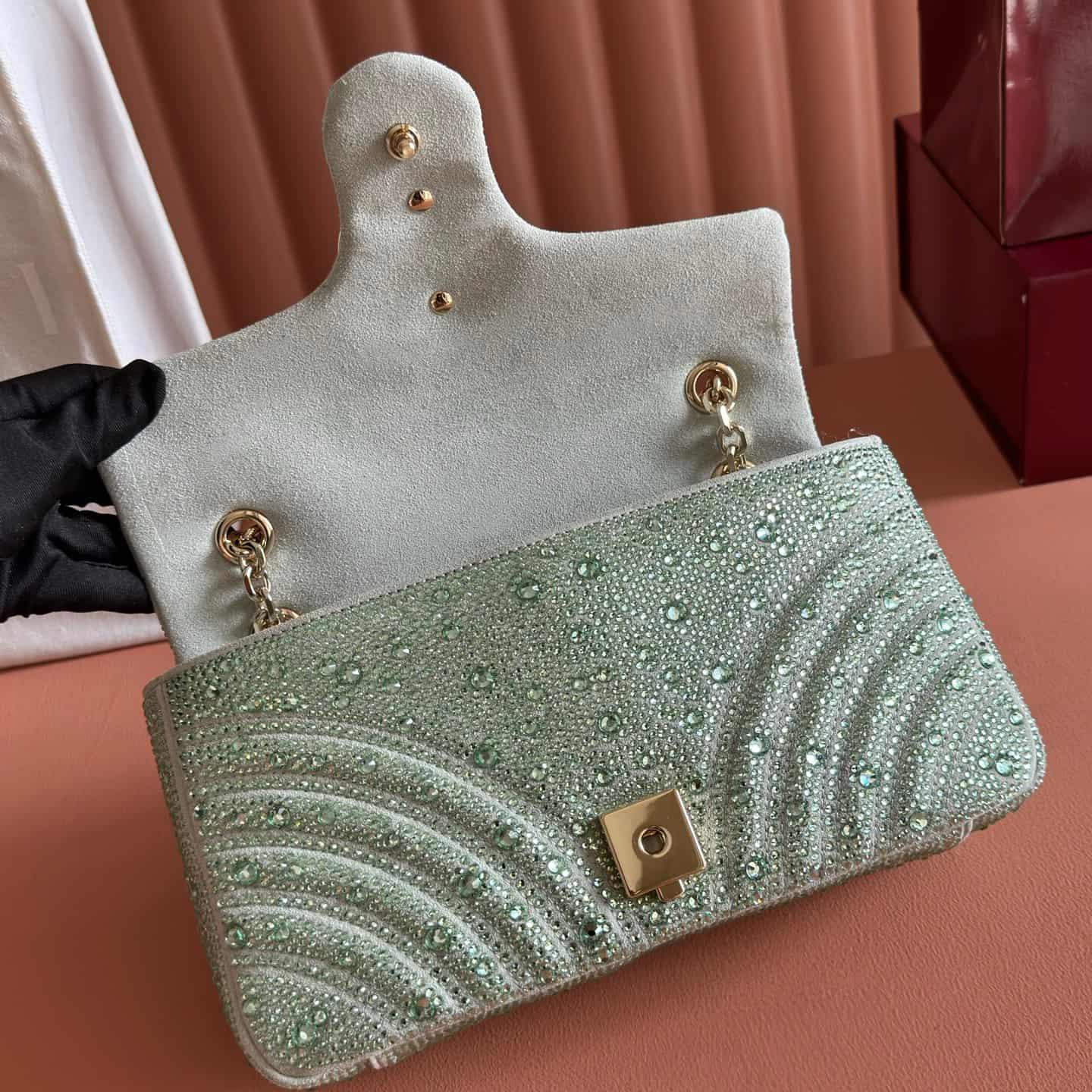 Gucci GG Marmont Shoulder Bag Green / Crystal 837267 High