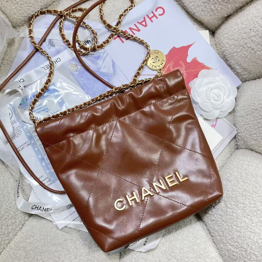 Chanel 22 MINI HANDBAG Shiny Calfskin Tan & Gold-Tone Metal AS3980 A