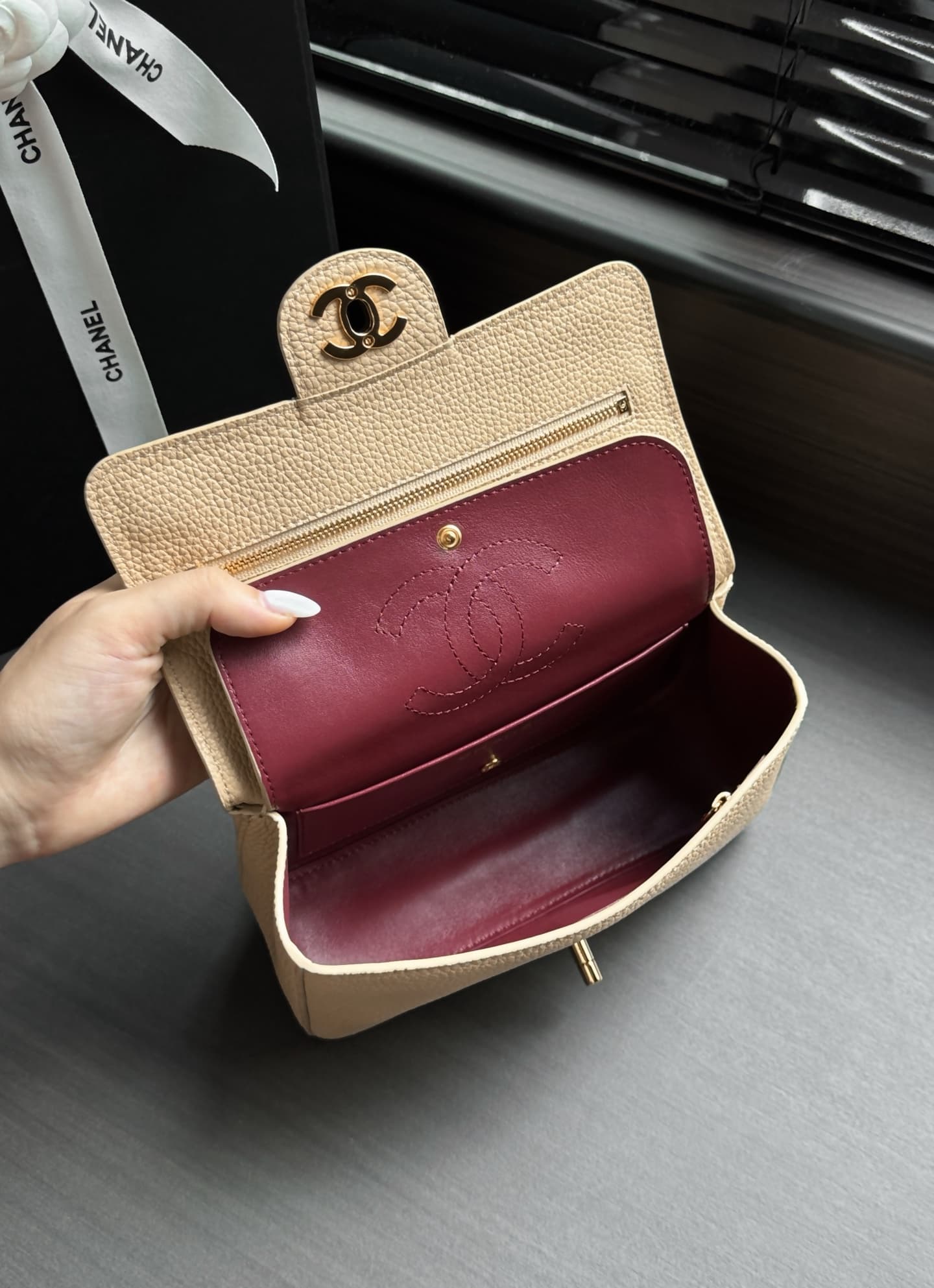 CHANEL Mini flap bag Grained Calfskin&Gold-tone metal Beige AS6573 A