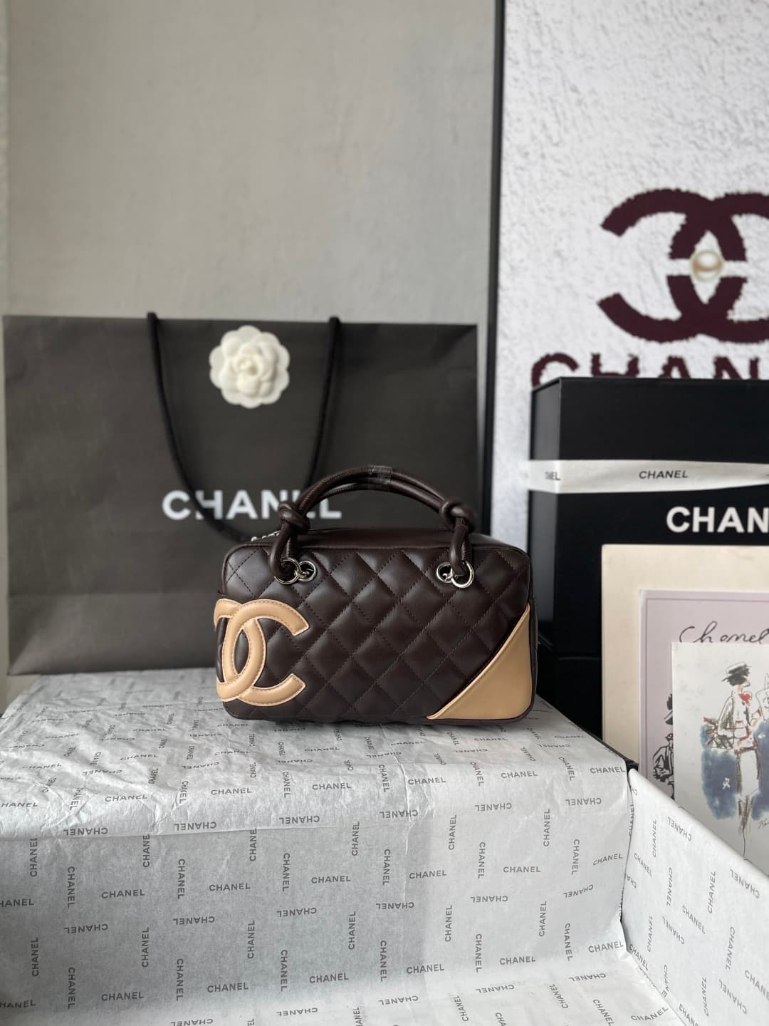 Chanel Cambon Ligne Bowler bag Calfskin & Silver-Tone Metal AS25172 Dark Brown High