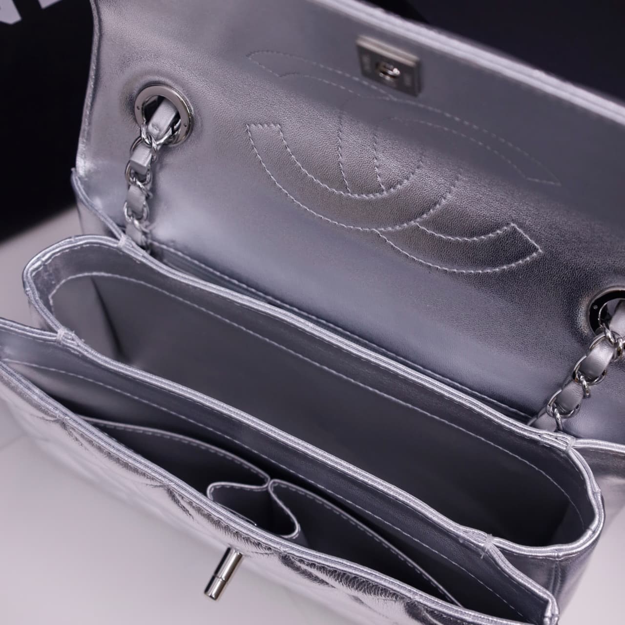 SMALL FLAP BAG WITH TOP HANDLE Lambskin Silver Metal Silver A
