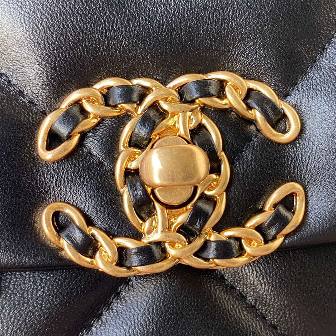 Chanel 19 Flap Bag  Lambskin Gold-Tone Silver-Tone & Ruthenium-Finish Metal Black