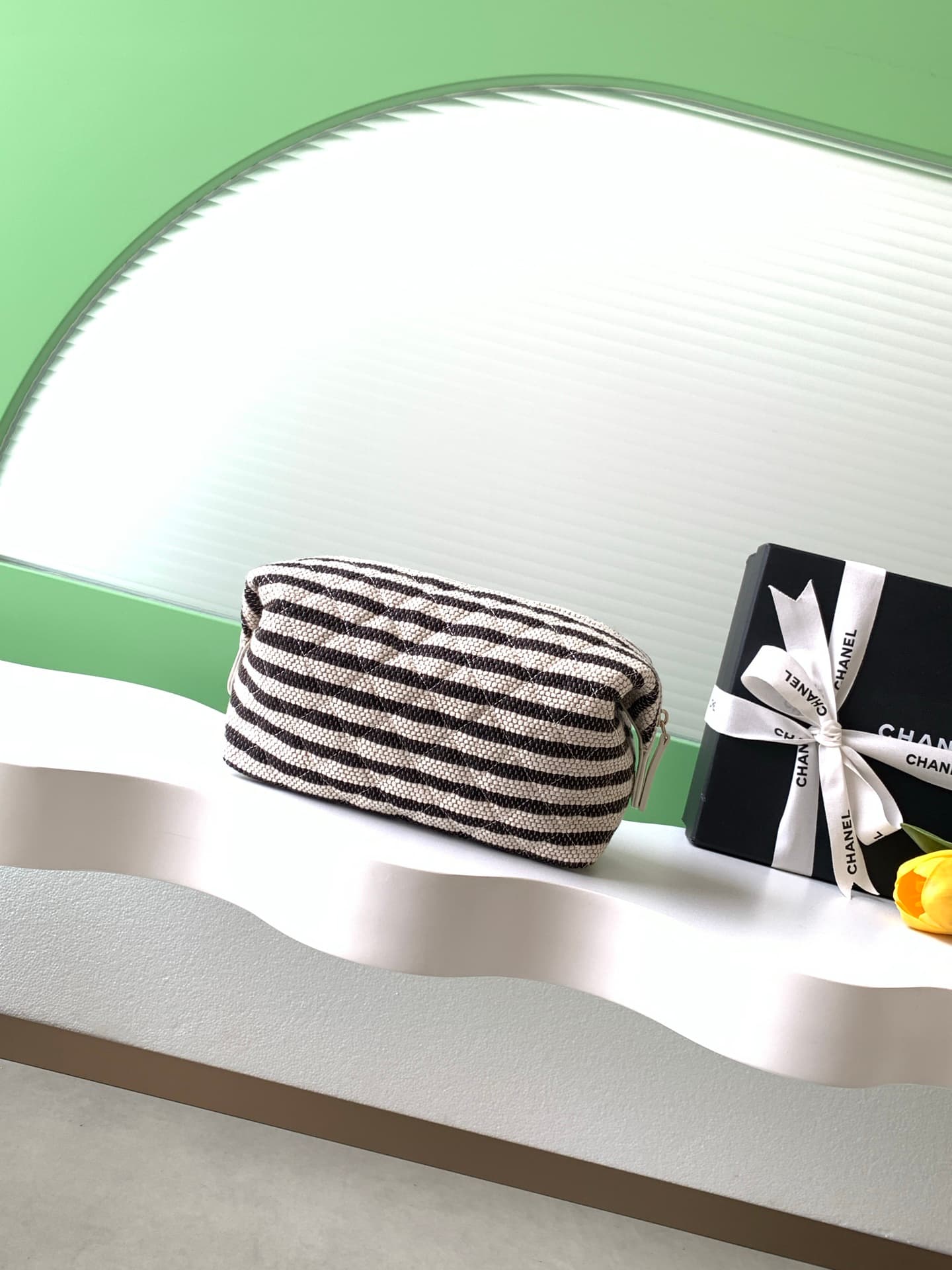 CHANEL Stripe Cosmetic Pouch Bag Printed fabric & Gold-Tone Metal Beige & Light Black AP4990 A