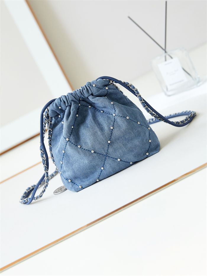 Chanel 22 MINI HANDBAG Washed Denim & Silver-Tone Metal Blue AS3980 A