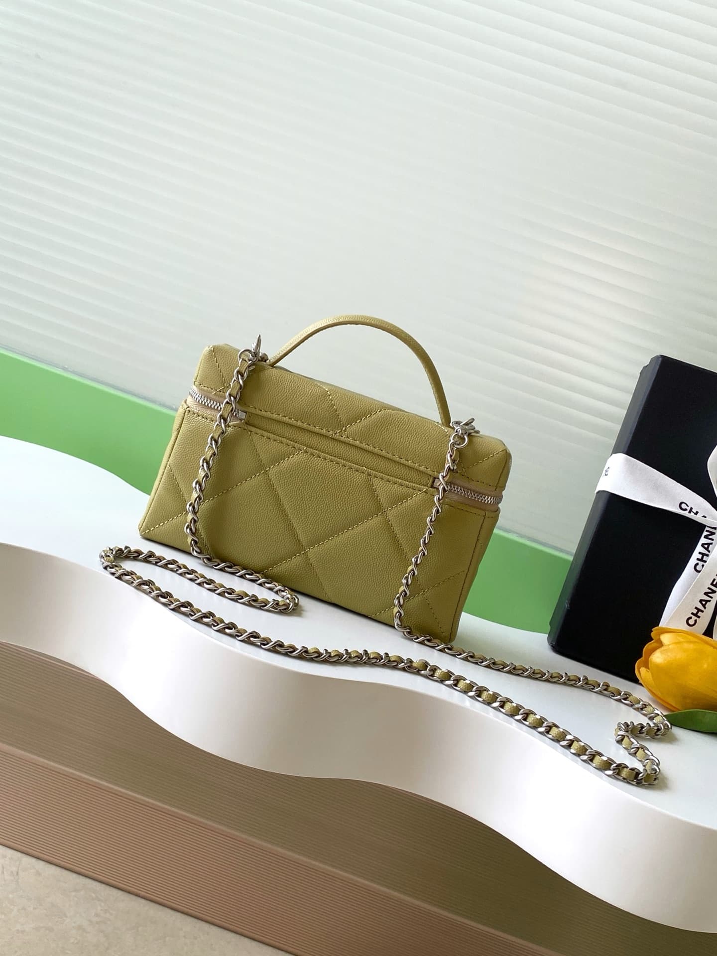 Chanel Vanity with Chain Grained Shiny Calfskin & Silver-Tone Metal Yellow AP4936 A