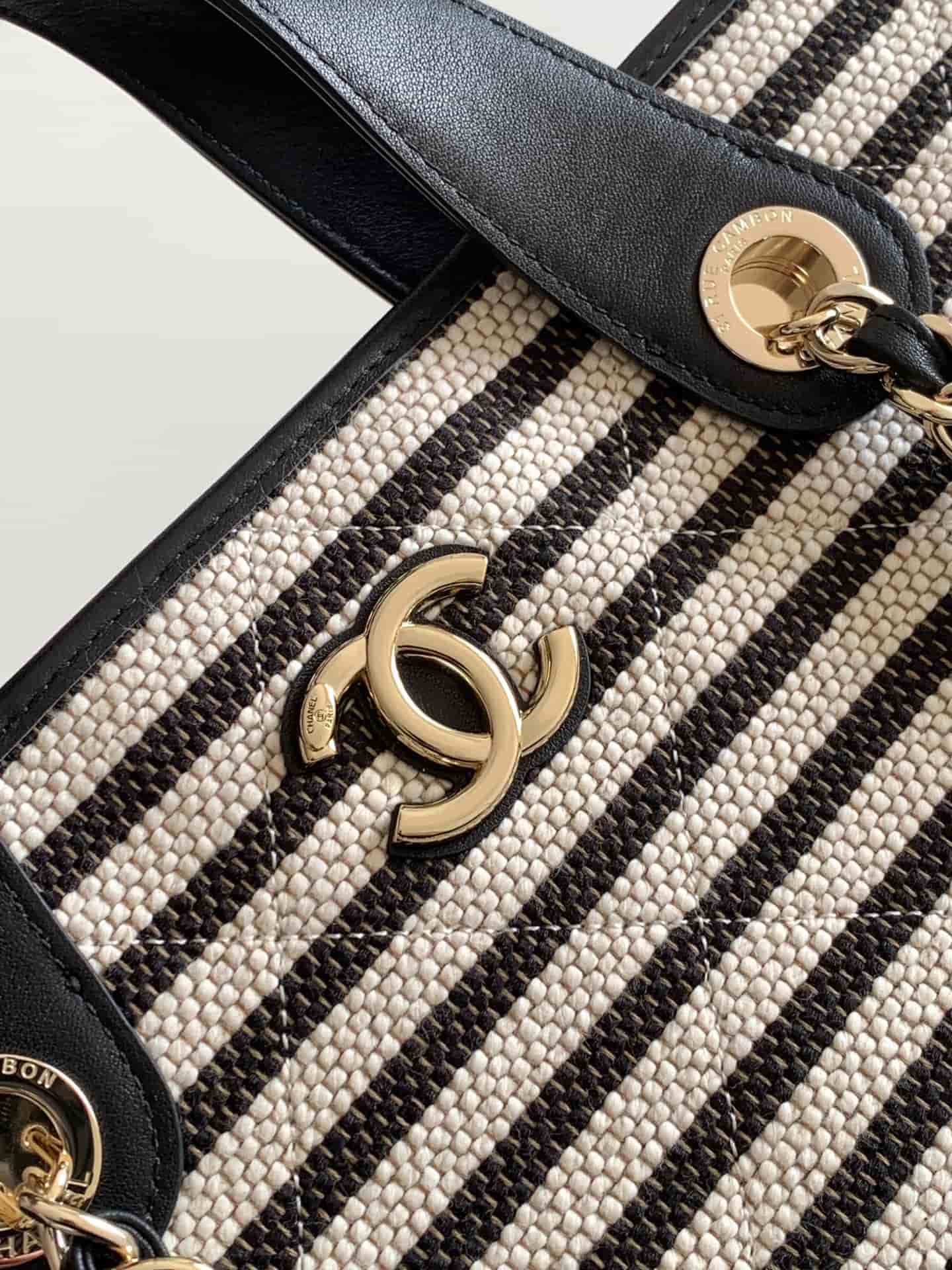 Chanel Deauville tote bag Striped canvas & Gold-Tone Metal Black AS6007 A