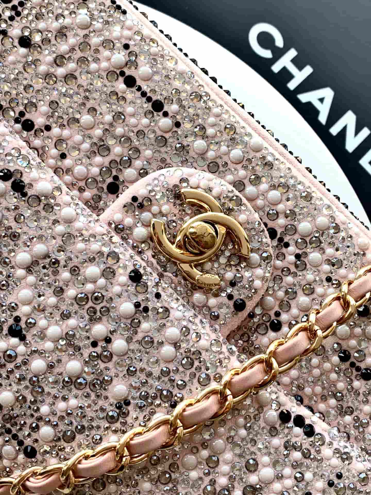 Chanel Classic Mini Flap Bag Strass Imitation Pearls & Gold-Tone Metal  Dark Pink 6171 A