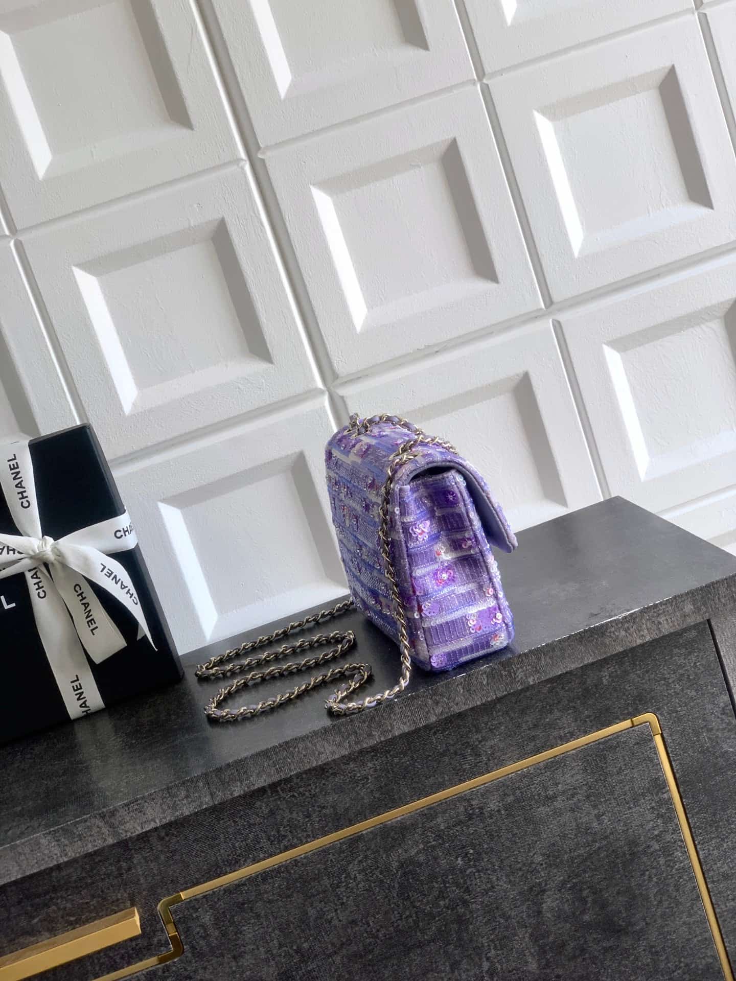 Chanel Classic Mini Flap Bag Sequin Embroidery & Gold-Tone Metal Purple 6171 A