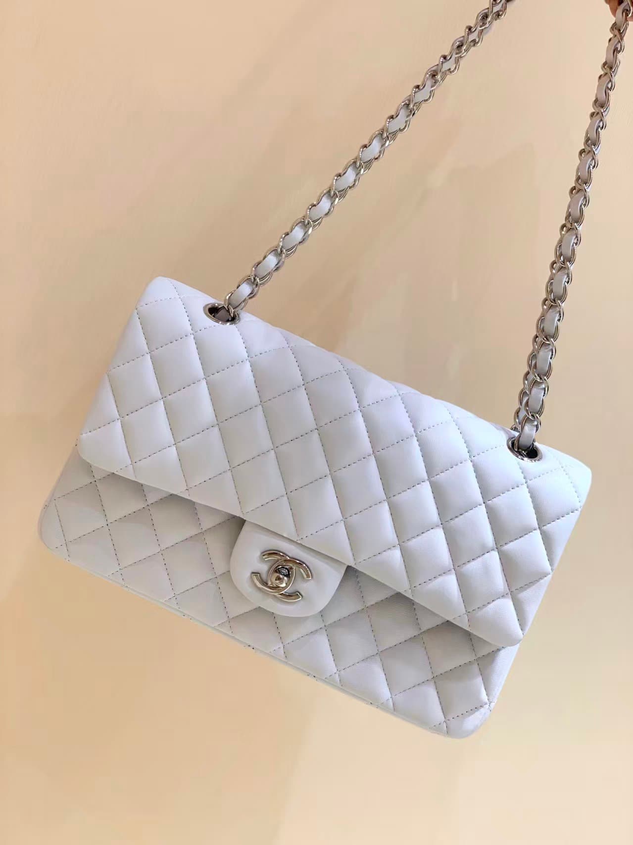 Chanel Medium CLASSIC HANDBAG Lambskin Silver-Tone Metal White TOP