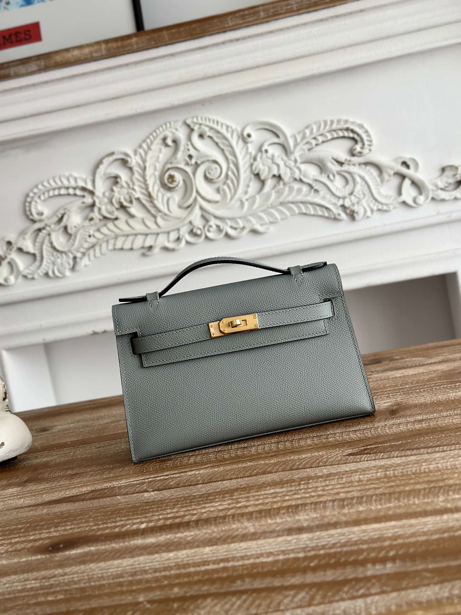Hermes Kelly Pochette Bag Epsom Leather Silver/Gold Metal Gris Meyer WAX High