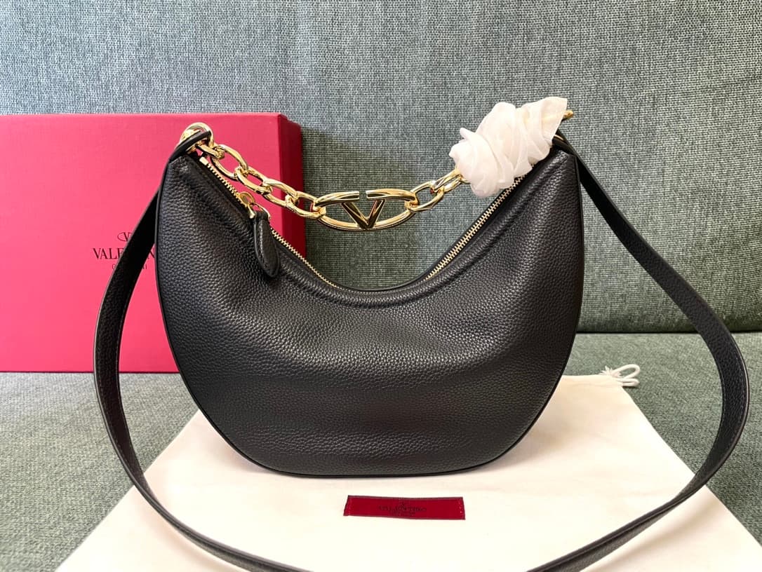 Valentino Garavani VLogo Moon small hobo bag in black grained calfskin High