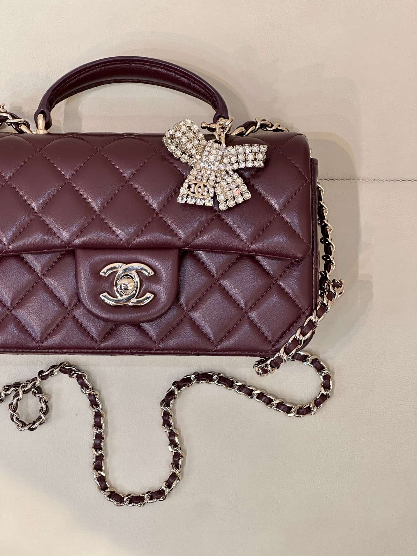 Chanel Mini Classic Handbag Lambskin Strass & Gold-Tone Metal AS2431 Burgundy TOP