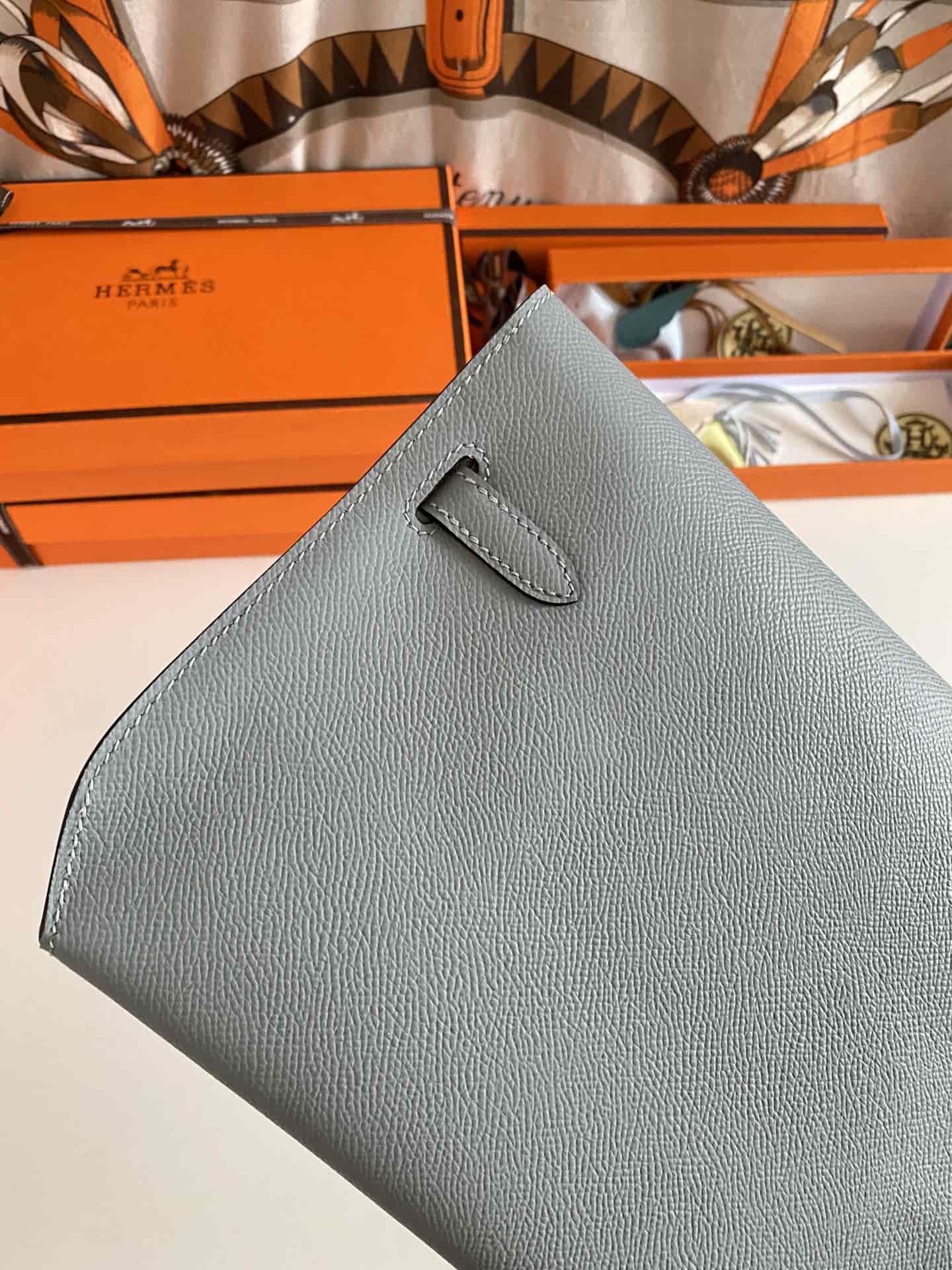 Hermes Kelly Depeches 25 Pouch Epsom Leather Blue Lin WAX High